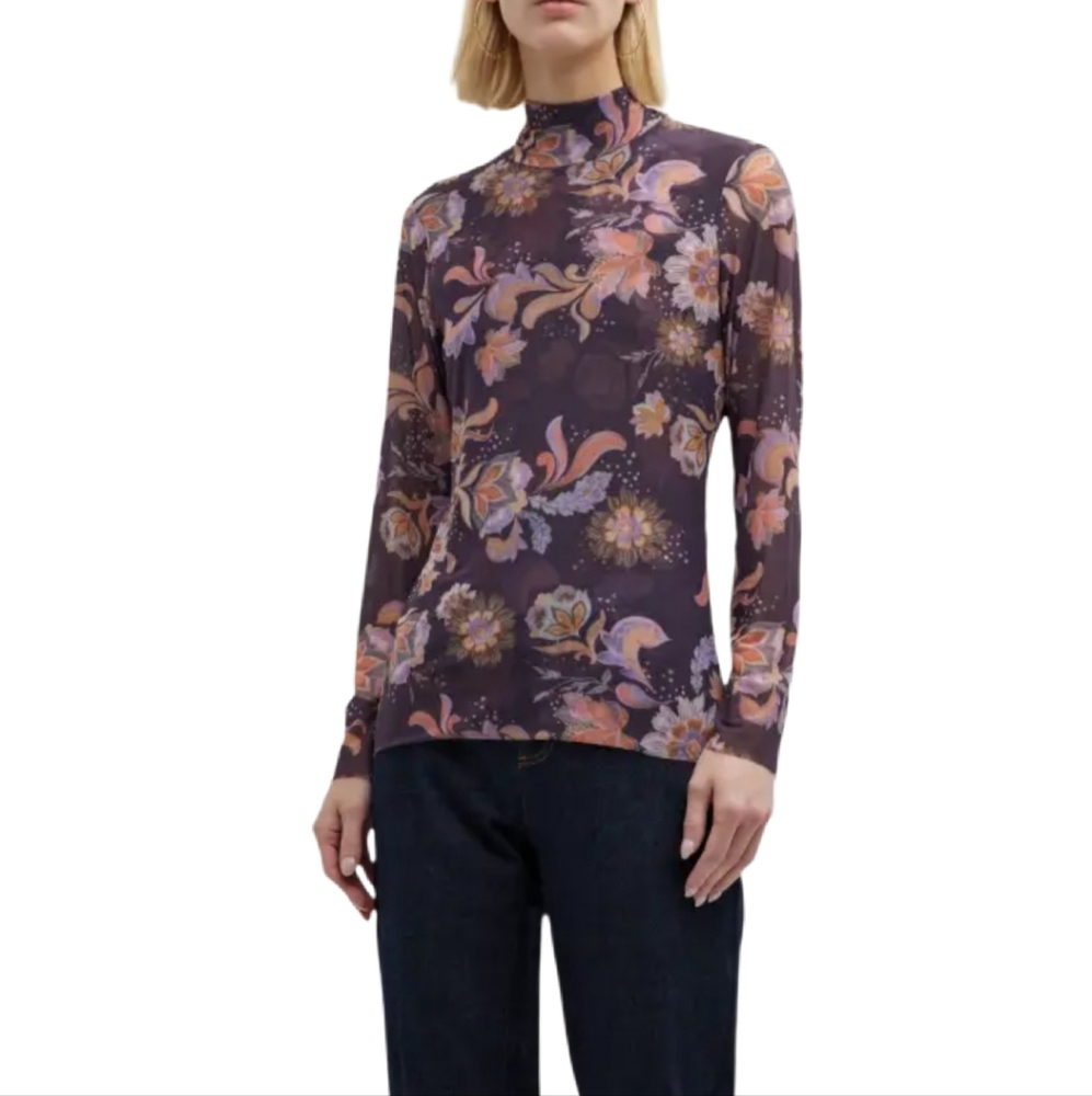 Johnny Was Women's Brown Harmonia Floral Print Mesh Long Sleeve Top Medium